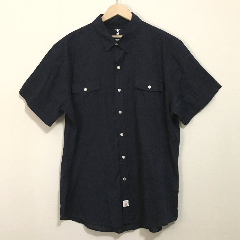 Izod Navy Blue Short Sleeve Cotton Button Down Shirt XL Seaside Poplin Preppy